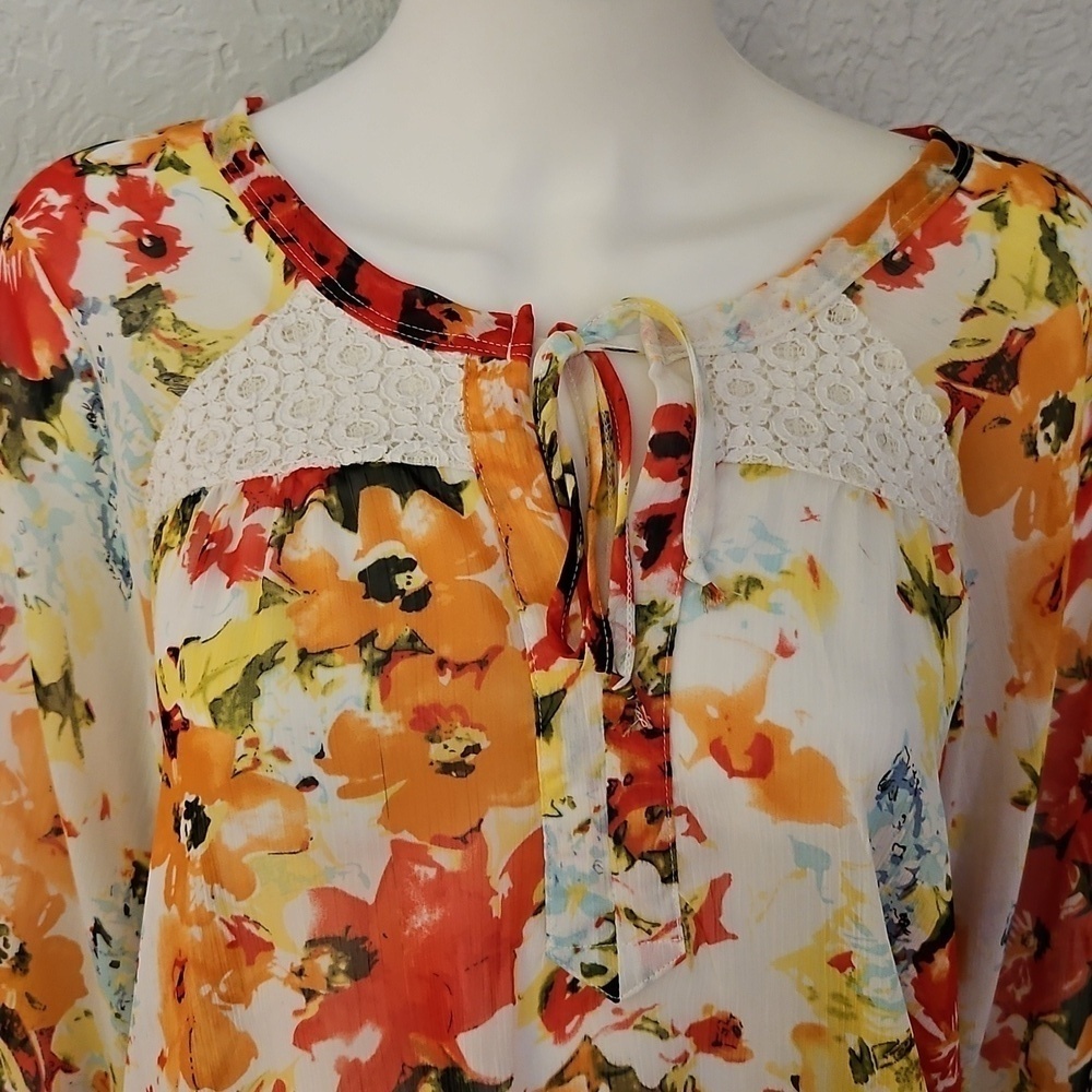 SML SPORT Floral Semi-sheer Oversized Keyhole Bow Chiffon Top XL - Picture 4 of 7